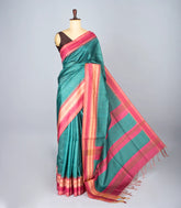 Cyan Woven Synthetic Dupion Saree With Contrast Border-BL4340