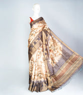Cream Woven Art Tussar Silk Saree With Printed Peacock Motifs-BL3878