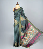 Grey Woven Synthetic Dupion Saree With Printed Paintings In Pallu-BL4293