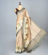 Taupe Woven Synthetic Dupion Saree With Printed Stripes-BL4332