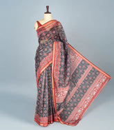 Dark Grey Woven Synthetic Chanderi Saree With Printed Floral Motifs-BL4310