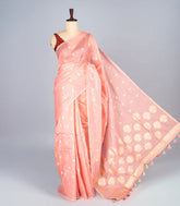 Peach Woven Synthetic Supernet Saree With Floral Motifs-BL4240