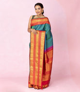 Cyan Handloom Korvai Kanchipuram Silk Saree With Threadwork Motifs-KA16097
