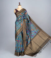 Blue Woven Synthetic Dupion Saree With Printed Kalamkari Motifs-BL4335