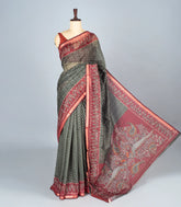Bottle Green Woven Synthetic Chanderi Saree With Printed Peacock Motifs-BL4313