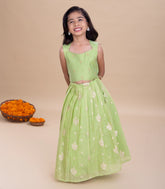 Lime Green Festive Kids Chanderi Pavadai Set-PM2098