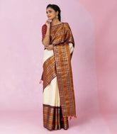 Cream Handloom Korvai Kanchipuram Silk Saree With Zari Buttas-KA16348