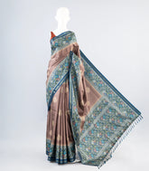 Grey Woven Art Tussar Saree With Stipes & Printed Floral Motifs-BL3993