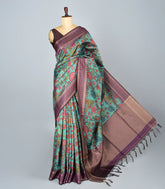 Turquoise Woven Synthetic Dupion Saree With Printed Kalamkari Motifs-BL4334