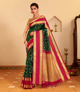Dark Green Handloom Korvai Kanchipuram Silk Saree With Zari Checks & Buttas-KA15357