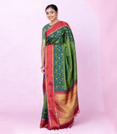 Dark Green Handloom Kanchipuram Silk Saree With Floral Motifs-KA16353