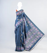 Blue Woven Art Tussar Saree With Stipes & Printed Floral Motifs-BL3990