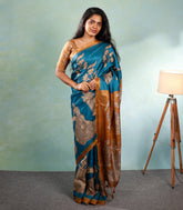 Blue Printed Synthetic Tussar Silk Saree With Contrast Border-SY0105