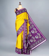 Yellow Woven Synthetic Crackle Saree With Printed Geometric & Bird Motifs-BL4518