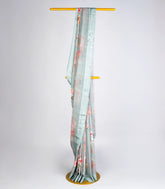 Steel Blue Woven Synthetic Moss Chiffon Saree With Printed Floral Motifs-BL3780