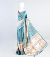 Light Blue Woven Art Tussar Saree With Printed Elephant Motifs-BL3995