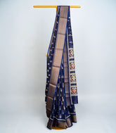 Navy Blue Woven Art Tussar Silk Saree With Printed Floral Motifs-BL3742