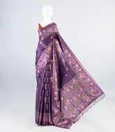 Purple Woven Art Tussar Saree With Stipes & Printed Floral Motifs-BL3991