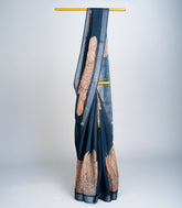 Navy Blue Woven Art Linen Saree With Printed Floral Motifs-BL3690