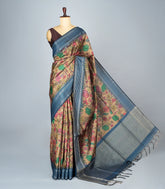Grey Woven Synthetic Dupion Saree With Printed Kalamkari Motifs-BL4337