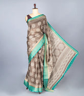 Dark Grey Woven Synthetic Dola Saree With Printed Motifs & Contrast Border-BL4511
