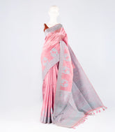 Dusty Pink Woven Art Linen Saree With Floral Motifs