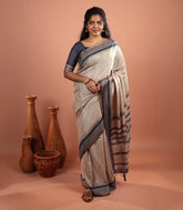 Taupe Printed Synthetic Tussar Silk Saree With Thread Border-SY0024