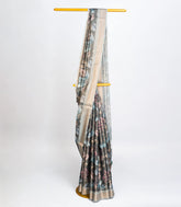 Dark Grey Woven Art Linen Saree With Printed Floral Motifs-BL3756