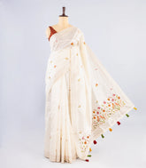 White Woven Synthetic Dupion Silk Saree With Embroidered Bird Motifs-BL4149