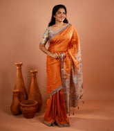 Orange Printed Synthetic Tussar Silk Saree With Contrast Temple Border-SY0118