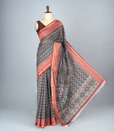 Black Woven Synthetic Chanderi Saree With Printed Chevron Motifs-BL4309