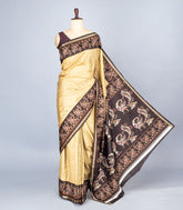 Beige Woven Synthetic Crackle Saree With Printed Geometric & Bird Motifs-BL4513