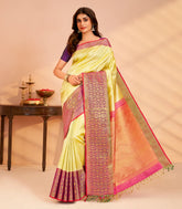 Yellow Handloom Kanchipuram Silk Saree With Floral Vine Motifs-KA15636