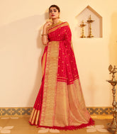 Red Handloom Kanchipuram Silk Saree With Zari Checks & Buttas-KA15267