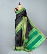 Black Woven Synthetic Dupion Saree With Contrast Border-BL4342