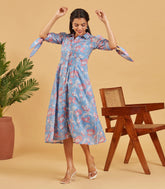Blue Floral Printed Shirt Dress