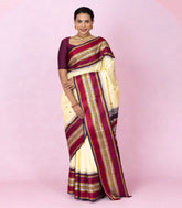 Cream Handloom Korvai Kanchipuram Silk Saree With Silk Thread Work Border-KA16349