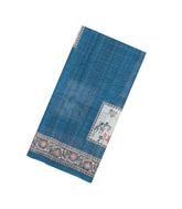Indigo Printed Art Linen Saree With Zari Checks-BL6075