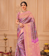 Lavender Handloom Kanchipuram Silk Saree With Meena Bird Zari Motifs