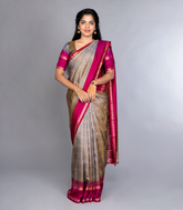 Grey Synthetic Dupion Saree With Contrast Border