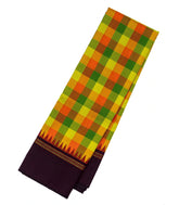 Green & Orange Handloom Kanchipuram Silk Saree With Checks
