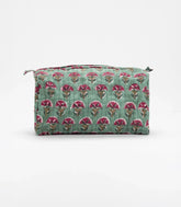 Green Cotton Bagru Printed Toiletry Bag With Zipper-ACS1081