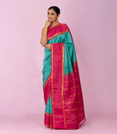 Turquoise Handloom Korvai Kanchipuram Silk Saree With Contrast Border-KA16446