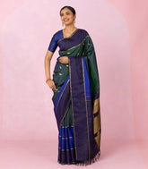 Bottle Green Handloom Kanchipuram Silk Saree With Bird Buttas-KA16352