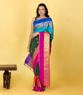Bottle Green Handloom Korvai Kanchipuram Silk Saree With Ganga Jamuna-KA16020