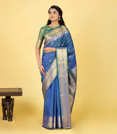 Blue Handloom Kanchipuram Silk Saree With Zari Checks & Buttas-KA16346