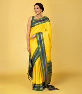 Lemon Yellow Handloom Korvai Kanchipuram Silk Saree With Teal Border-KA16342