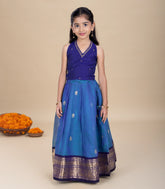 Teal Blue & Dark Blue Festive Kids Silk Cotton Pavadai Set-PM2092