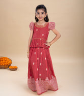 Crimson Red Festive Kids Chanderi Pavadai Set-PM2099