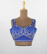 Blue Embroidered Blended Raw Silk Readymade Sleeveless Blouse RB5204